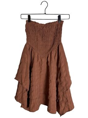 Wild Fable Brown Smocked Strapless Tiered Handkerchief Mini Dress